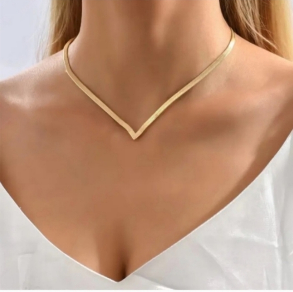 NEW Gold V Shape Herringbone.Necklace Brand NEW Elegant Minimalist Feminine NWT